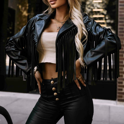 624-3 Short biker jacket with fringes made of soft eco leather - black