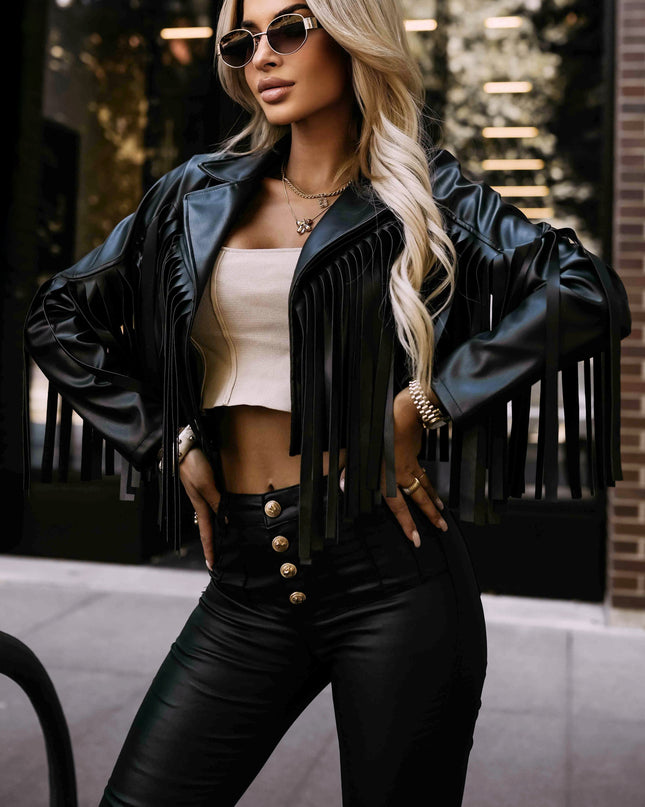 624-3 Short biker jacket with fringes made of soft eco leather - black