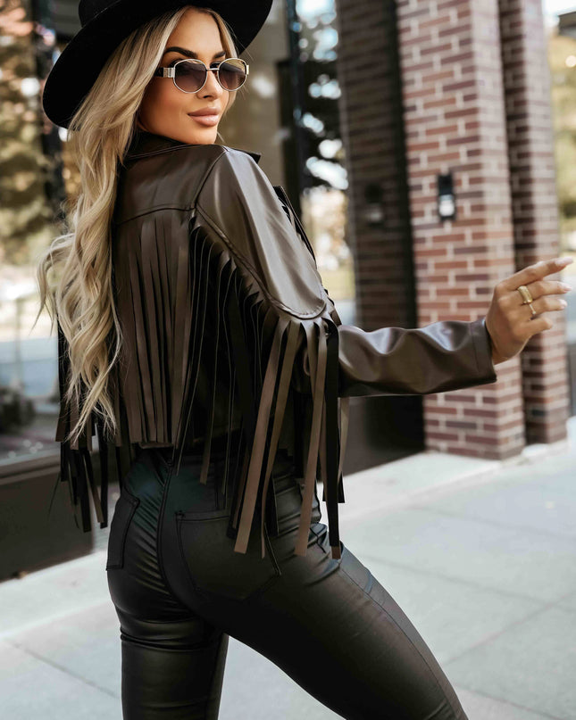 624-4 Short jacket with fringes made of soft eco-leather - chocolate