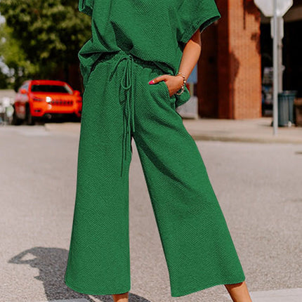 Black Textured Loose Fit T Shirt and Drawstring Pants Set