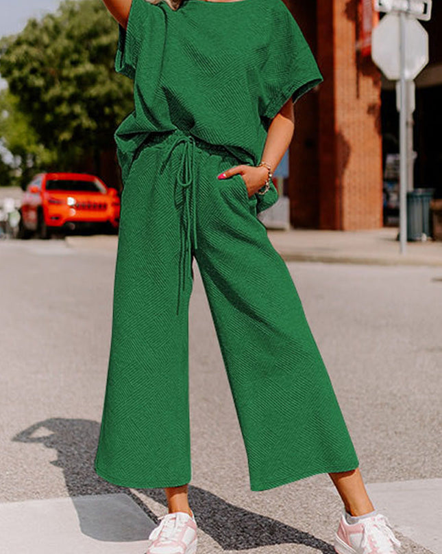 Black Textured Loose Fit T Shirt and Drawstring Pants Set