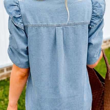 Myosotis Ruffle Detail Short Puff Sleeve Button Down Flap Pocket Denim Shirt