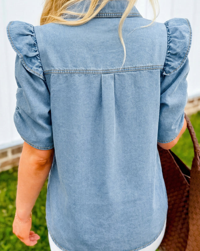 Myosotis Ruffle Detail Short Puff Sleeve Button Down Flap Pocket Denim Shirt