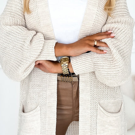 Beige Long Sweater Cape Cardigan with Pockets