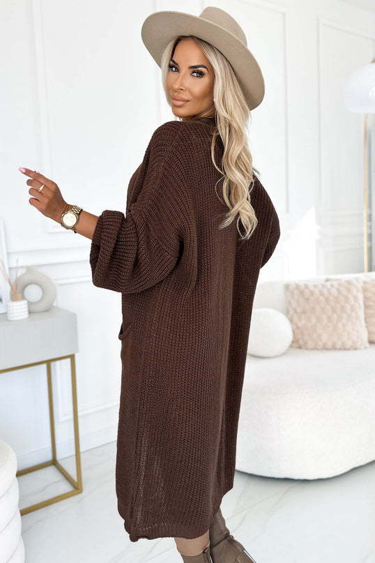 Long Chocolate Sweater Cape Cardigan with Pockets