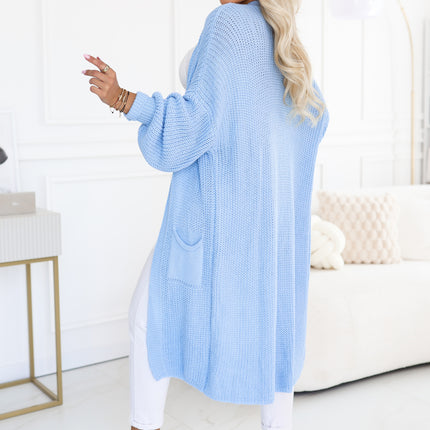 Light Blue Knit Long Cardigan with Puff Sleeves and Pockets