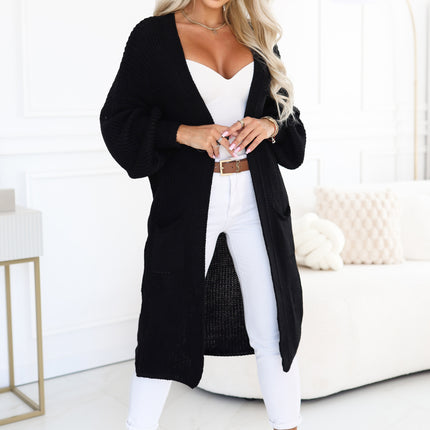 Black Long Knit Cardigan with Puff Sleeves and Pockets