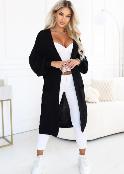 Black Long Knit Cardigan with Puff Sleeves and Pockets