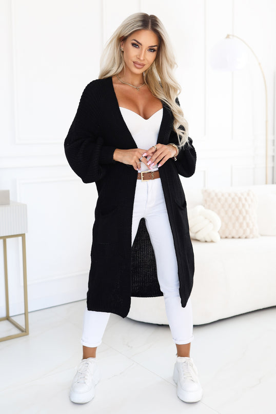 Black Knit Cardigan with Puff Sleeves and Pockets