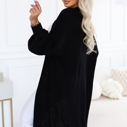 Black Long Knit Cardigan with Puff Sleeves and Pockets