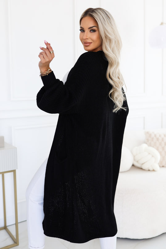 Black Knit Cardigan with Puff Sleeves and Pockets
