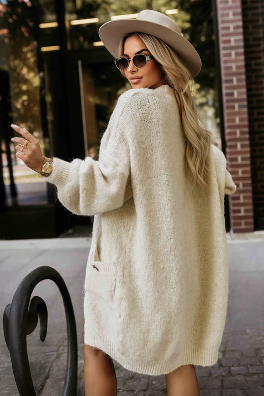 Beige Oversized Cardigan with Brooch and Pockets