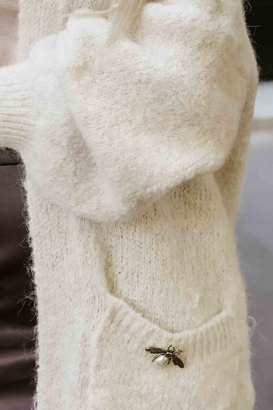 Beige Oversized Cardigan with Brooch and Pockets