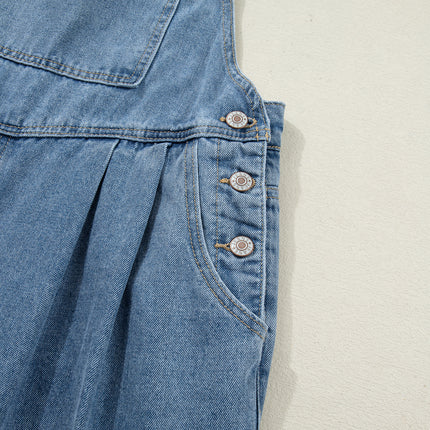 Dusk Blue Pleated Wide Leg Retro Pocketed Denim Jumpsuit