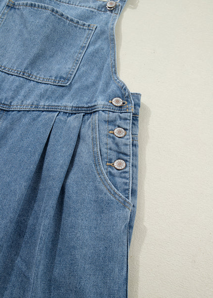 Dusk Blue Pleated Wide Leg Retro Pocketed Denim Jumpsuit