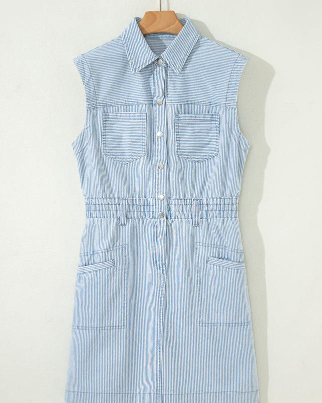 Sky Blue Stripe Collared Button Front Sleeveless Denim Mini Dress