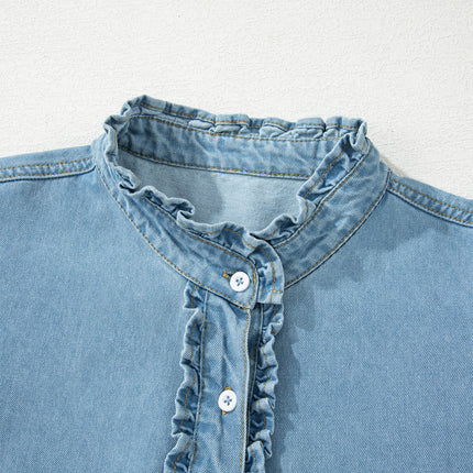 Myosotis Frilled Detail Button Down Ruffle Short Sleeve Denim Mini Dress