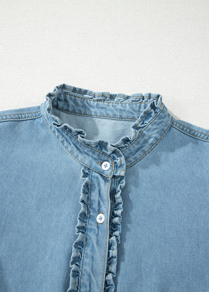 Myosotis Frilled Detail Button Down Ruffle Short Sleeve Denim Mini Dress