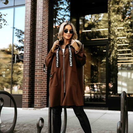 632-2 Casual coat with a zipper and fashionable details - chocolate