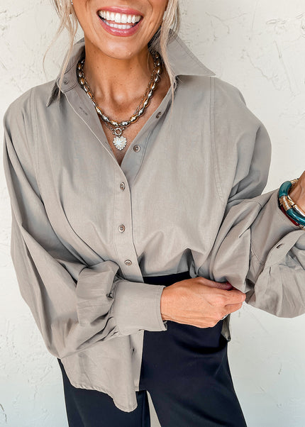 High Solid Color Balloon Sleeve Side Slits Loose Fit Shirt