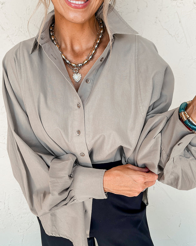 High Solid Color Balloon Sleeve Side Slits Loose Fit Shirt