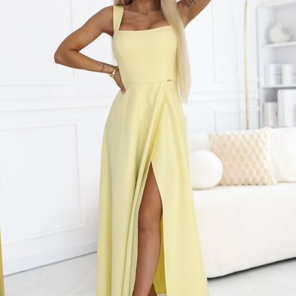 Butter Yellow Long Dress with Slit and Diamond Neckline – Aurelia