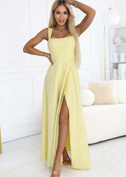 Butter Yellow Long Dress with Slit and Diamond Neckline – Aurelia