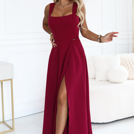 Burgundy Long Dress with Leg Slit and Square Neckline – Aurelia