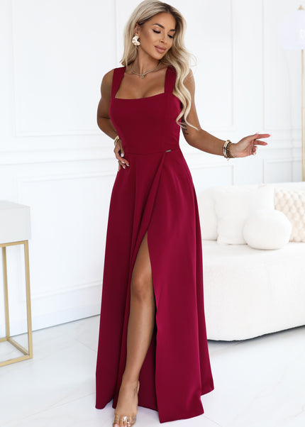 Burgundy Long Dress with Leg Slit and Square Neckline – Aurelia