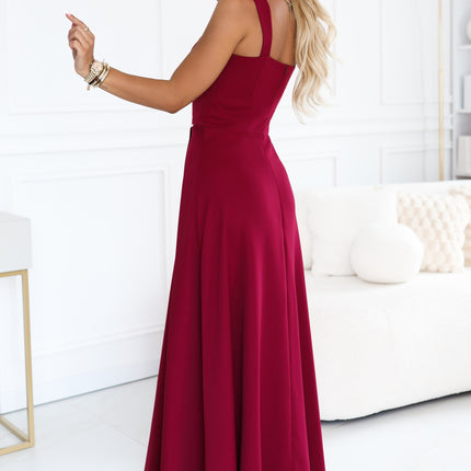 Burgundy Long Dress with Leg Slit and Square Neckline – Aurelia