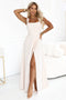 Light Beige Maxi Dress with Leg Slit and Square Neckline – Aurelia