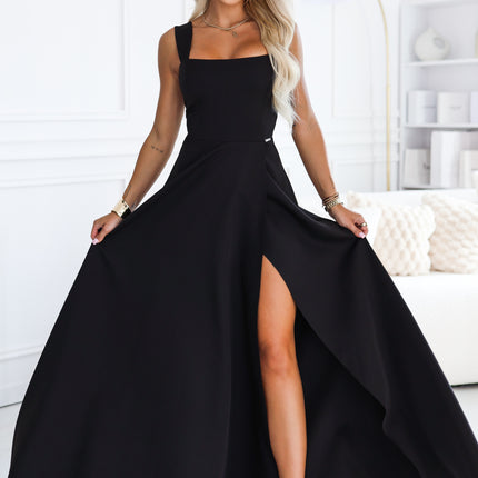 Black Long Dress with Leg Slit and Square Neckline – Aurelia