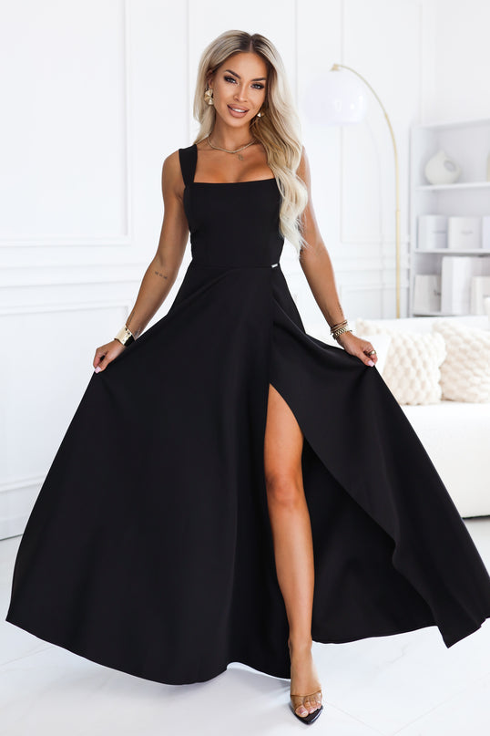 Black Long Dress with Leg Slit and Square Neckline – Aurelia