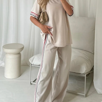 Jet Stream Contrast Striped Trim Crewneck T Shirt Loose Straight Pants Set