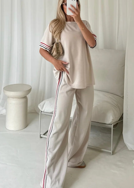 Jet Stream Contrast Striped Trim Crewneck T Shirt Loose Straight Pants Set