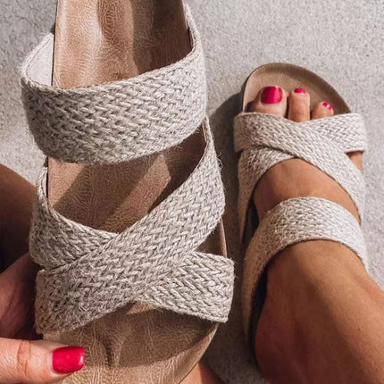 Beige Woven Cross Criss Hollowed Slip-On Slippers