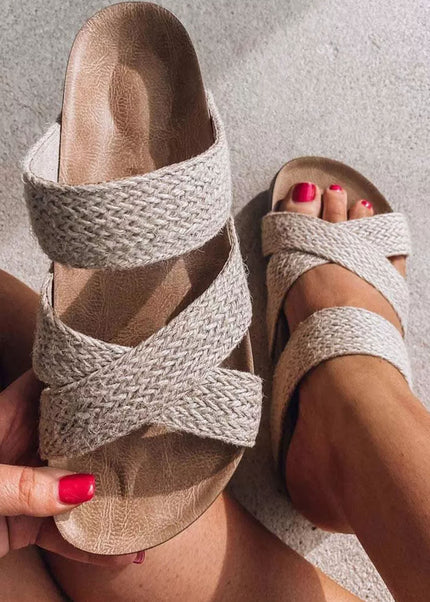 Beige Woven Cross Criss Hollowed Slip-On Slippers