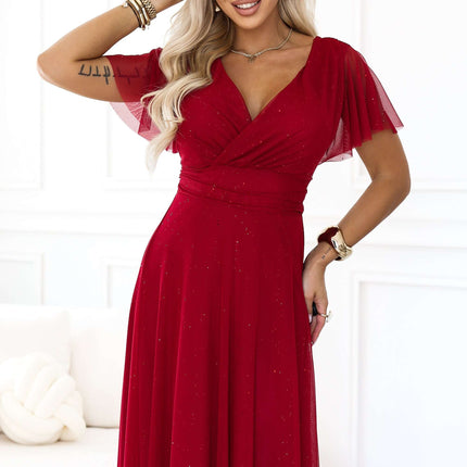 635-10 MELANIA Long glittery wedding dress with neckline and short sleeves - light burgundy