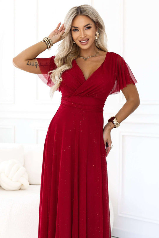 635-10 MELANIA Long glittery wedding dress with neckline and short sleeves - light burgundy