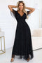 Black Long Shiny Dress with Neckline and Short Sleeves – Melania