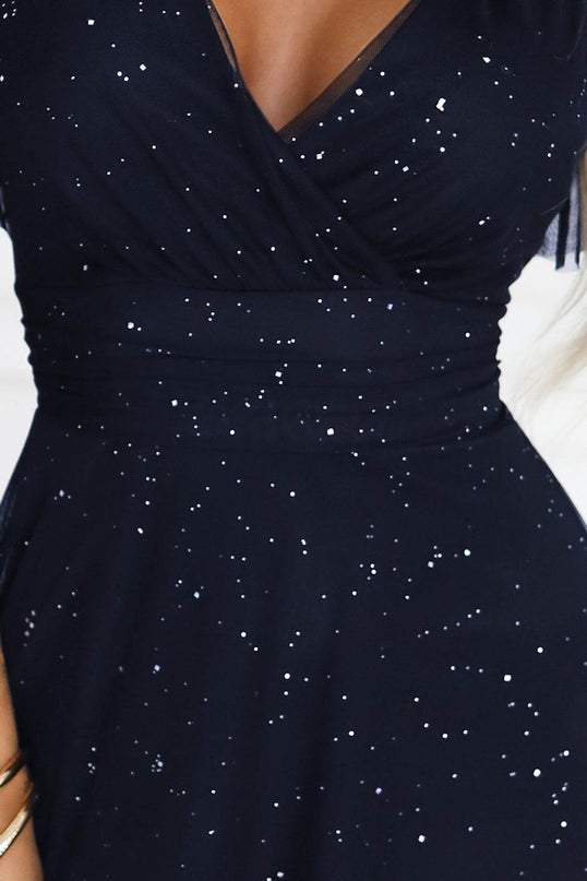 Navy Blue Shiny Long Dress with Neckline and Short Sleeves – Melania