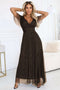 Chocolate Long Shiny Dress with Neckline and Short Sleeves – Melania