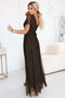 635-4 MELANIA long, shiny dress with a neckline and short sleeves - chocolate