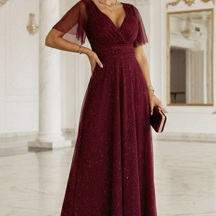 635-5 MELANIA long, shiny dress with a neckline and short sleeves - burgundy