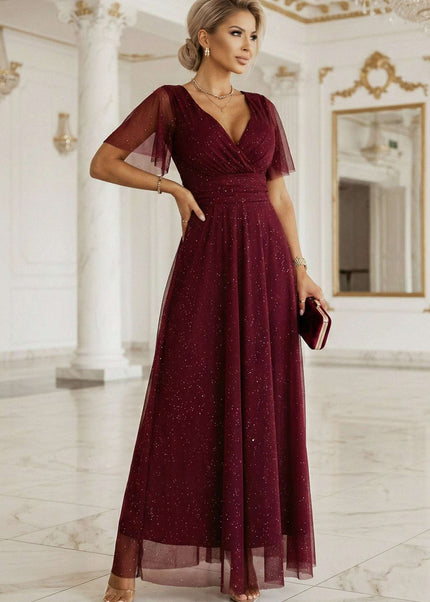 635-5 MELANIA long, shiny dress with a neckline and short sleeves - burgundy