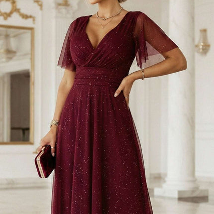 635-5 MELANIA long, shiny dress with a neckline and short sleeves - burgundy