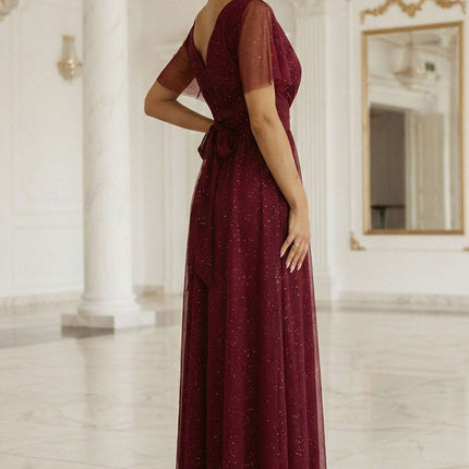 635-5 MELANIA long, shiny dress with a neckline and short sleeves - burgundy