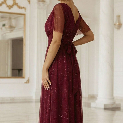 635-5 MELANIA long, shiny dress with a neckline and short sleeves - burgundy