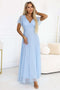 635-6 MELANIA Long Shimmering Dress with Neckline and Short Sleeve - Sky Blue