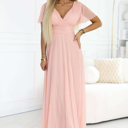 635-7 MELANIA Long Shimmering Dress with Neckline and Short Sleeve - Peach